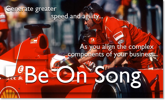 Formula 1 pit crew: Generate greater speed and agility by aligning the complex components of your business, On Song Human Resources and Business Consulting. Laser beam: See the power and efficiency of your people intensify as motivation is aligned and focused, On Song performance and compensation management. Violin: Maximize perceived value while minimizing costs to align behavior with motivation and create harmony